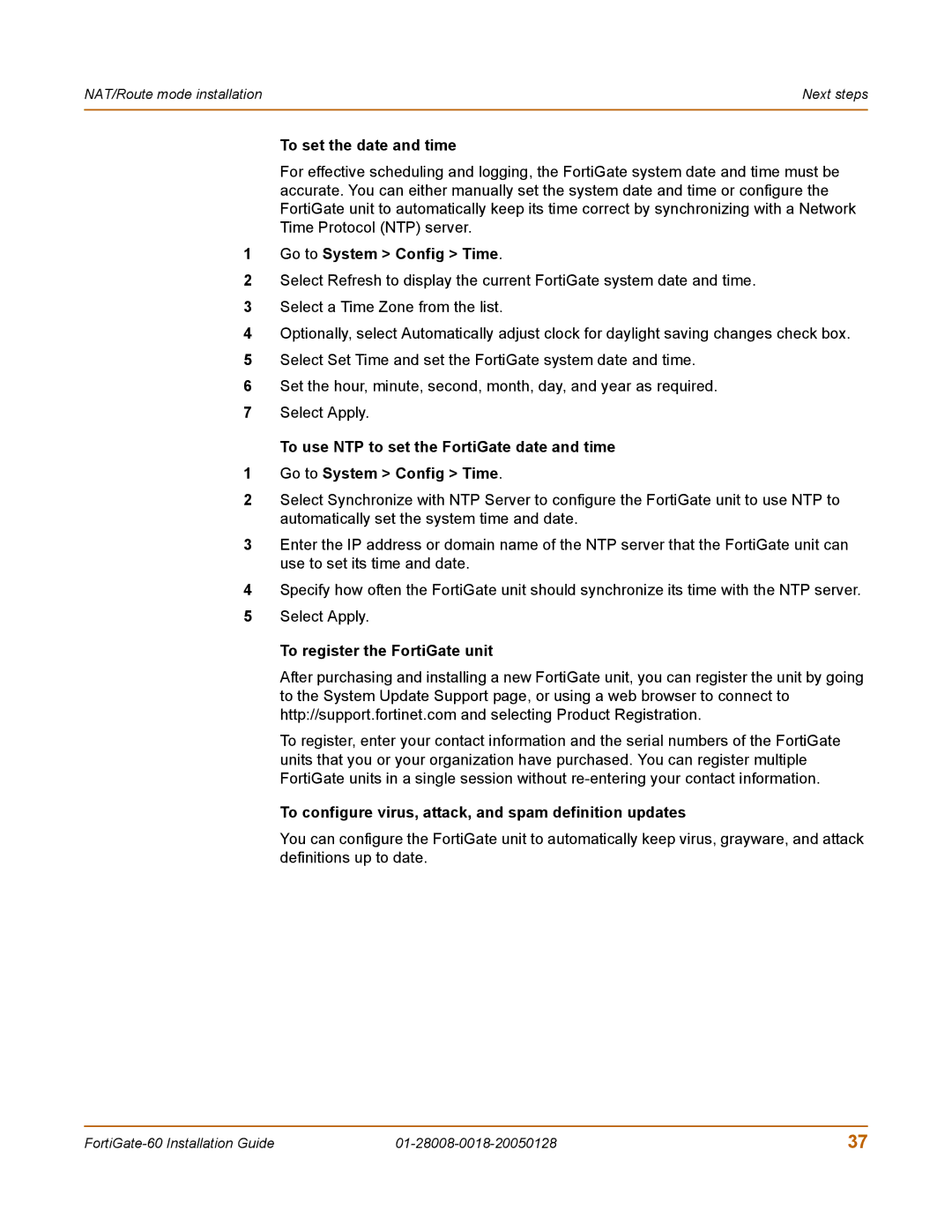 Fortinet 60c manual To set the date and time, Go to System Config Time, To register the FortiGate unit 