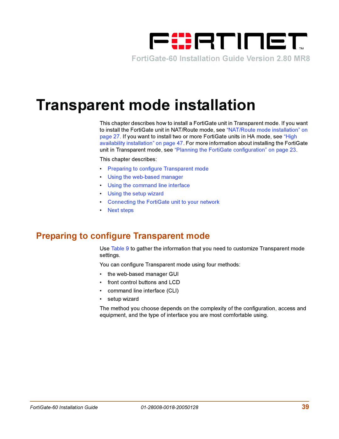 Fortinet 60c manual Transparent mode installation, Preparing to configure Transparent mode 