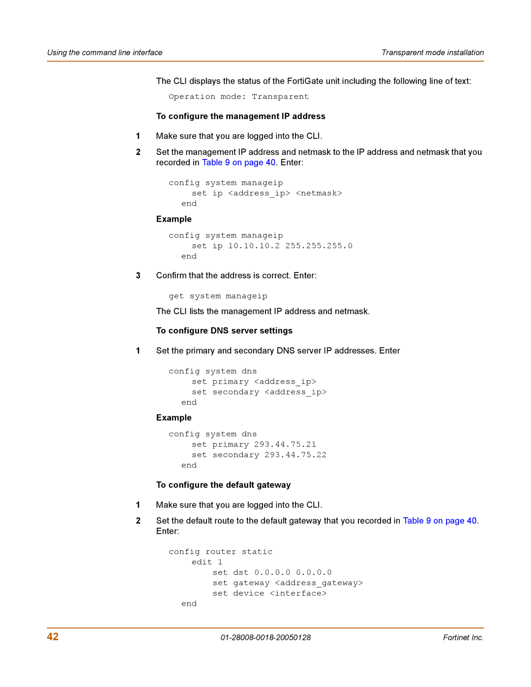 Fortinet 60c manual To configure the management IP address, To configure the default gateway 