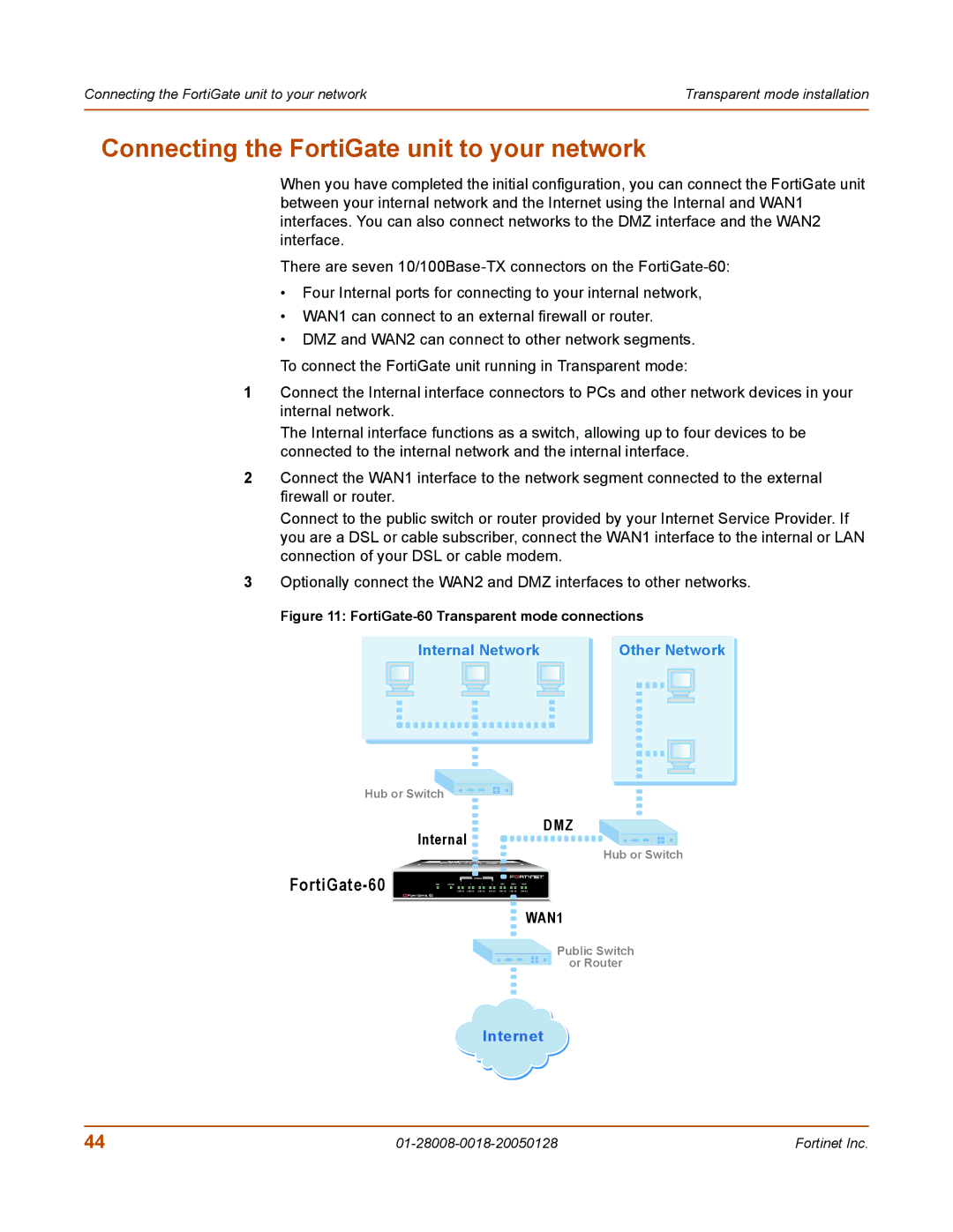 Fortinet 60c manual Connecting the FortiGate unit to your network, Internal 