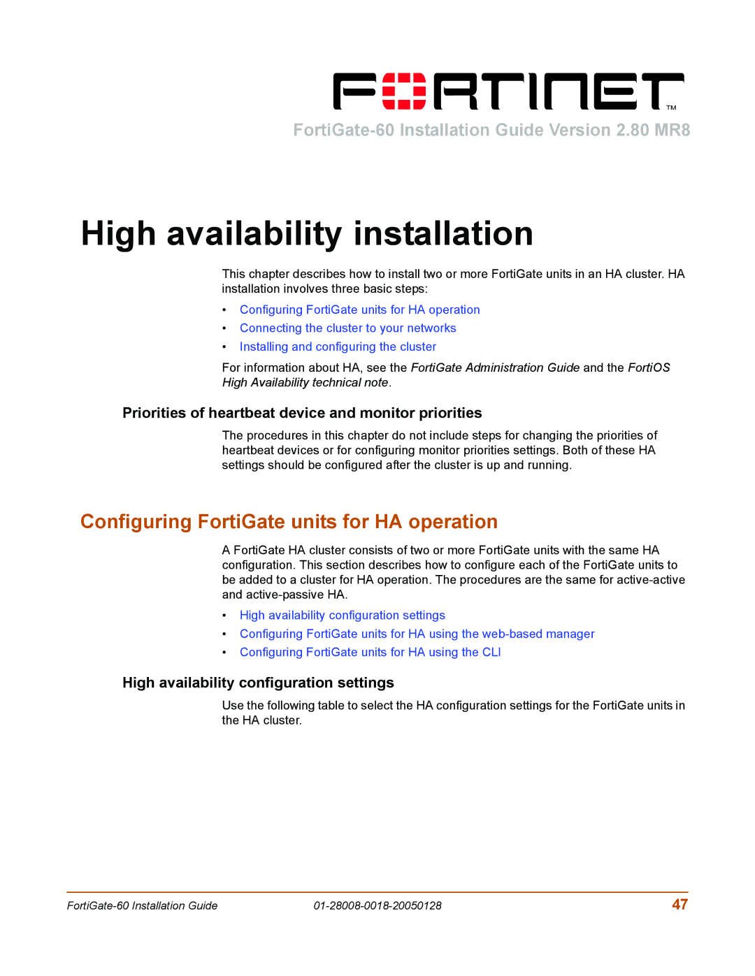 Fortinet 60c manual High availability installation, Configuring FortiGate units for HA operation 