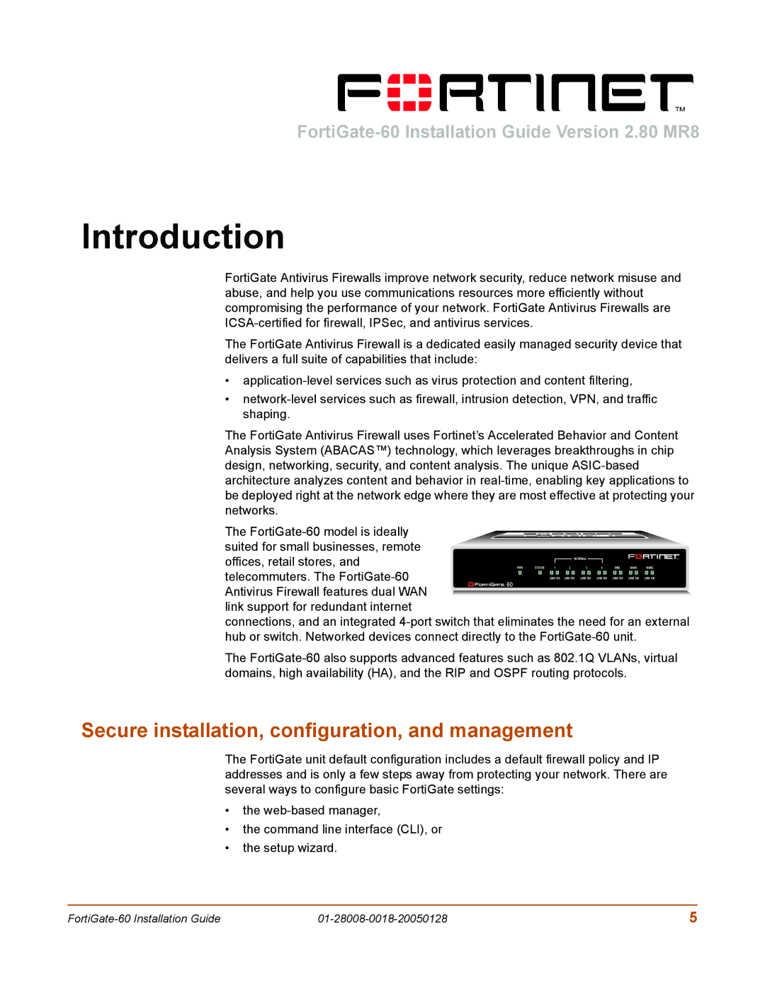 Fortinet 60c manual Introduction, Secure installation, configuration, and management 