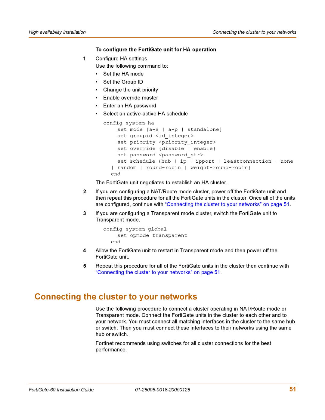 Fortinet 60c manual Connecting the cluster to your networks, To configure the FortiGate unit for HA operation 