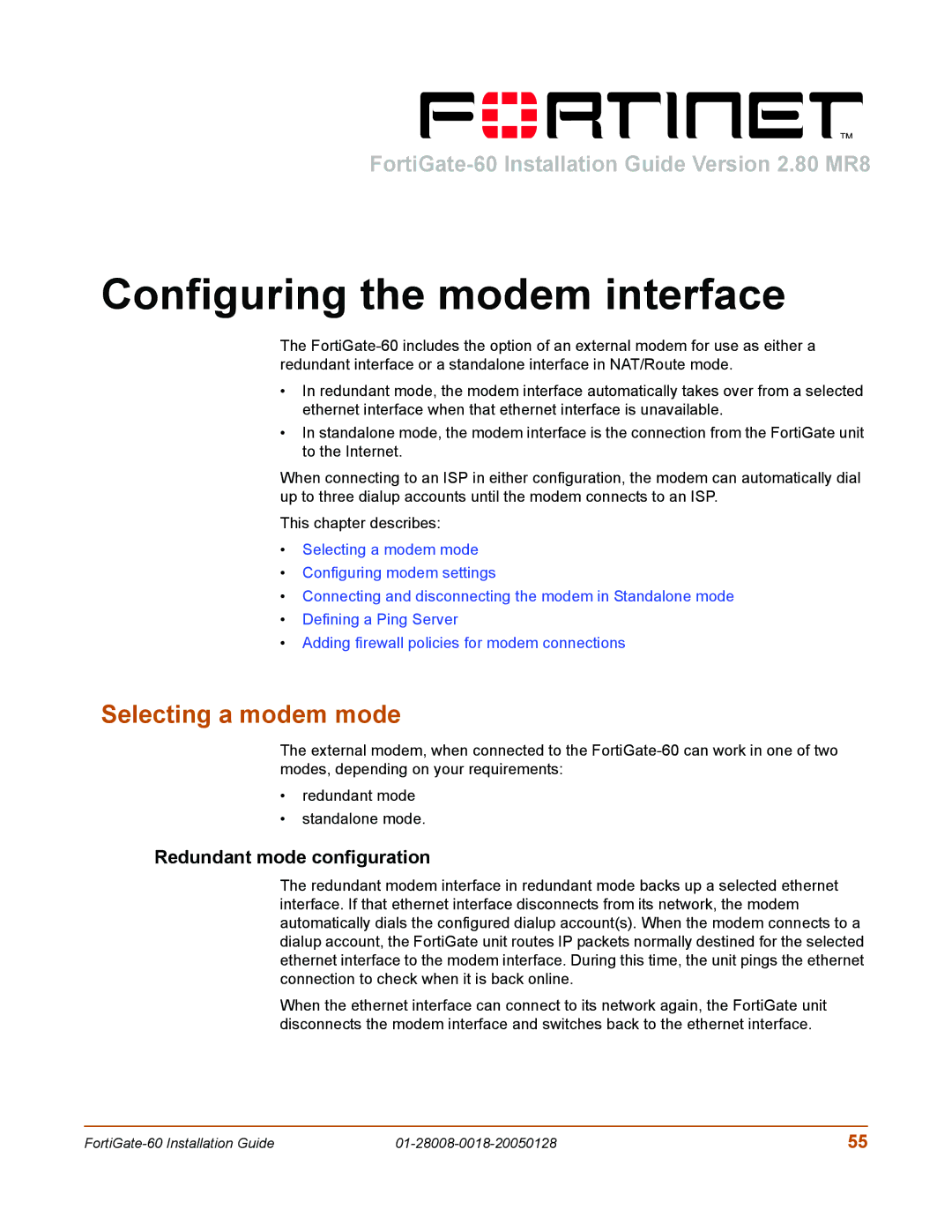 Fortinet 60c manual Configuring the modem interface, Selecting a modem mode, Redundant mode configuration 