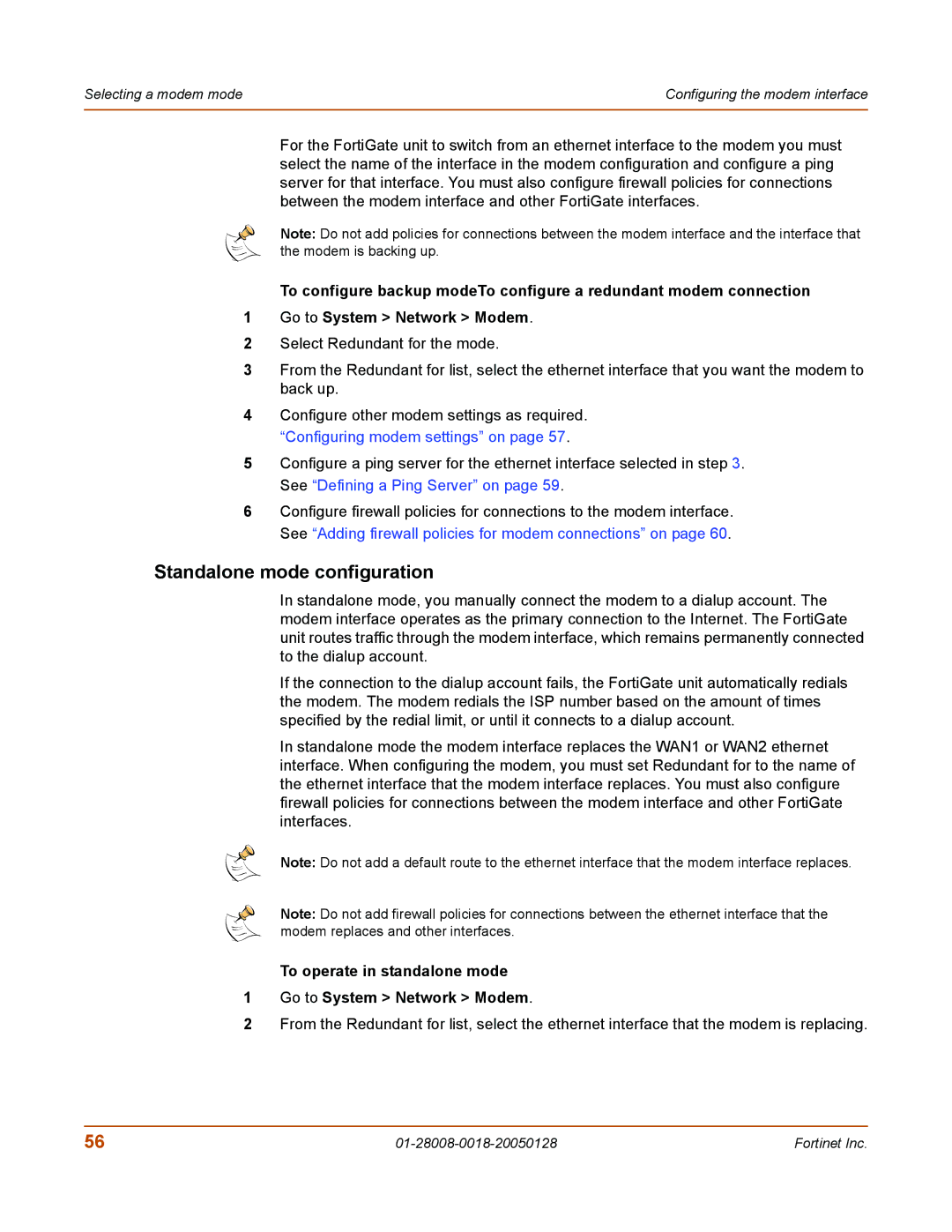 Fortinet 60c manual Standalone mode configuration, To operate in standalone mode Go to System Network Modem 