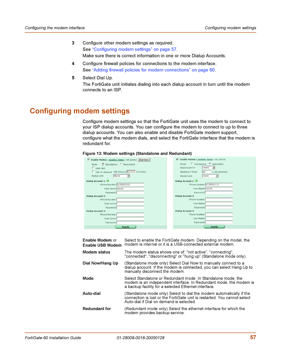 Fortinet 60c manual Configuring modem settings, Mode, Auto-dial, Redundant for 