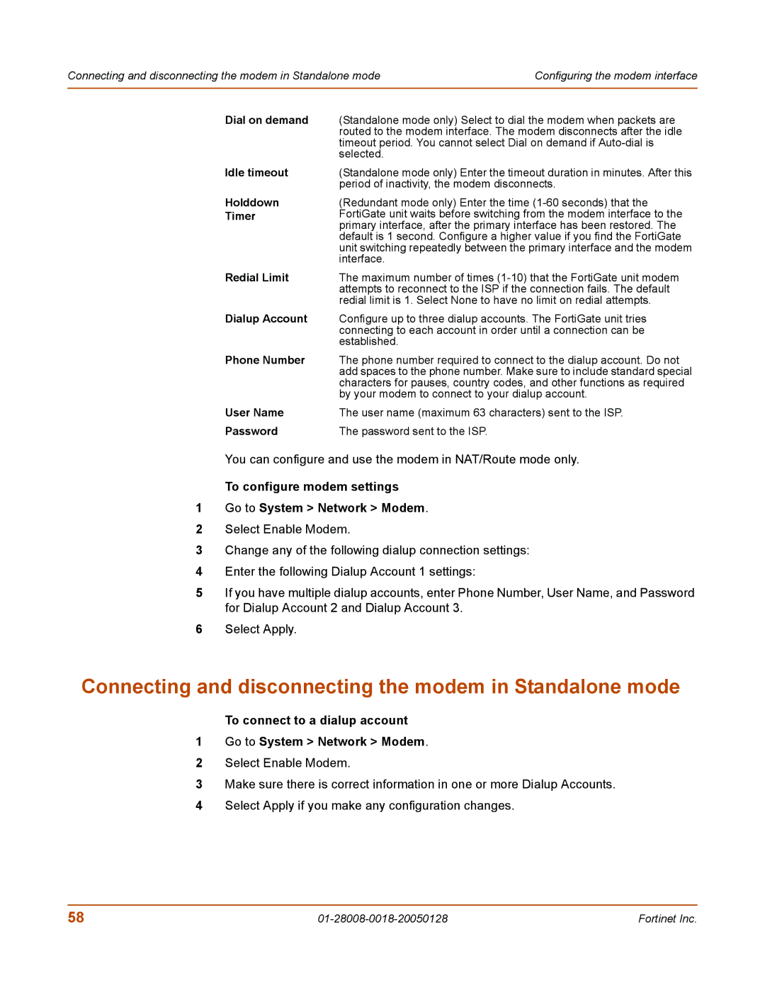 Fortinet 60c manual Connecting and disconnecting the modem in Standalone mode 