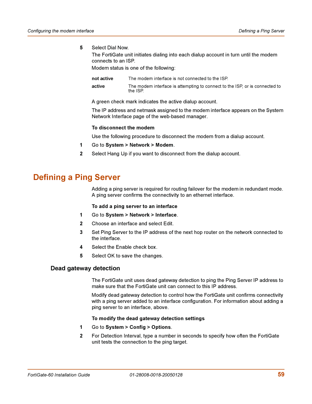 Fortinet 60c manual Defining a Ping Server, Dead gateway detection, To disconnect the modem, Isp 