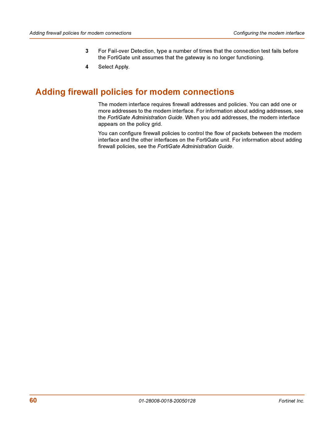 Fortinet 60c manual Adding firewall policies for modem connections 
