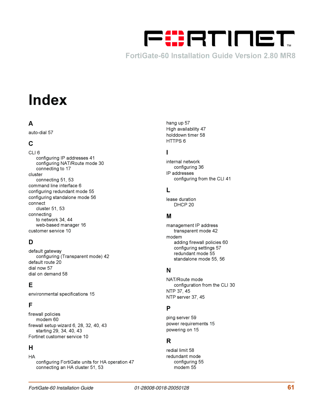 Fortinet 60c manual Index, Cli 