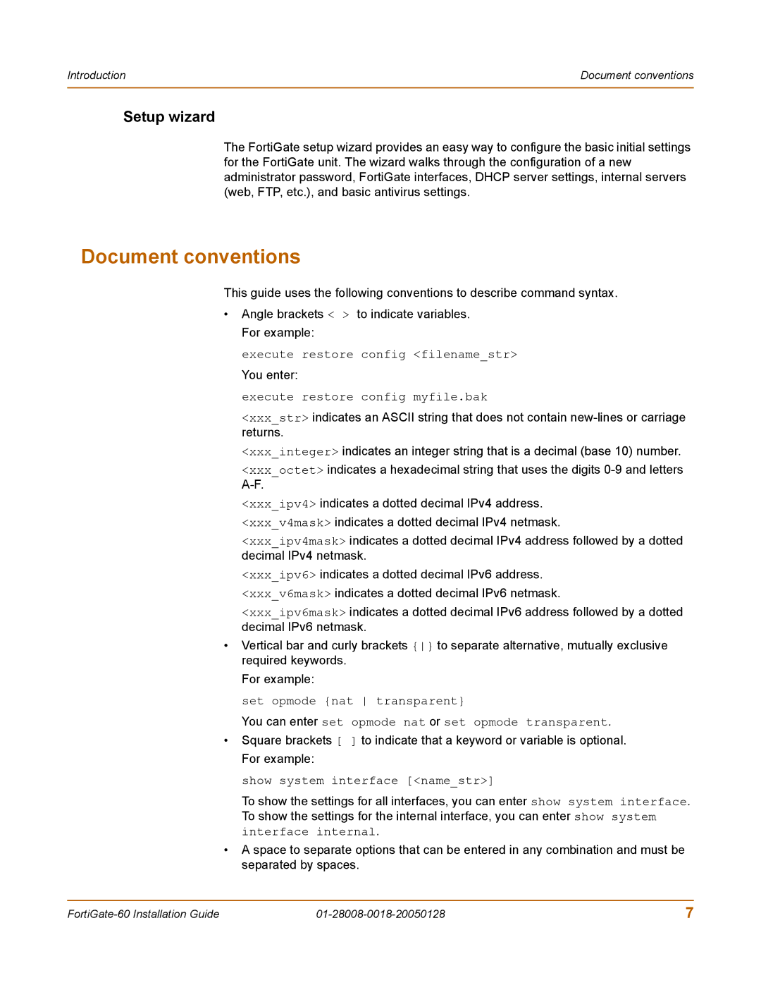 Fortinet 60c manual Document conventions, Setup wizard 