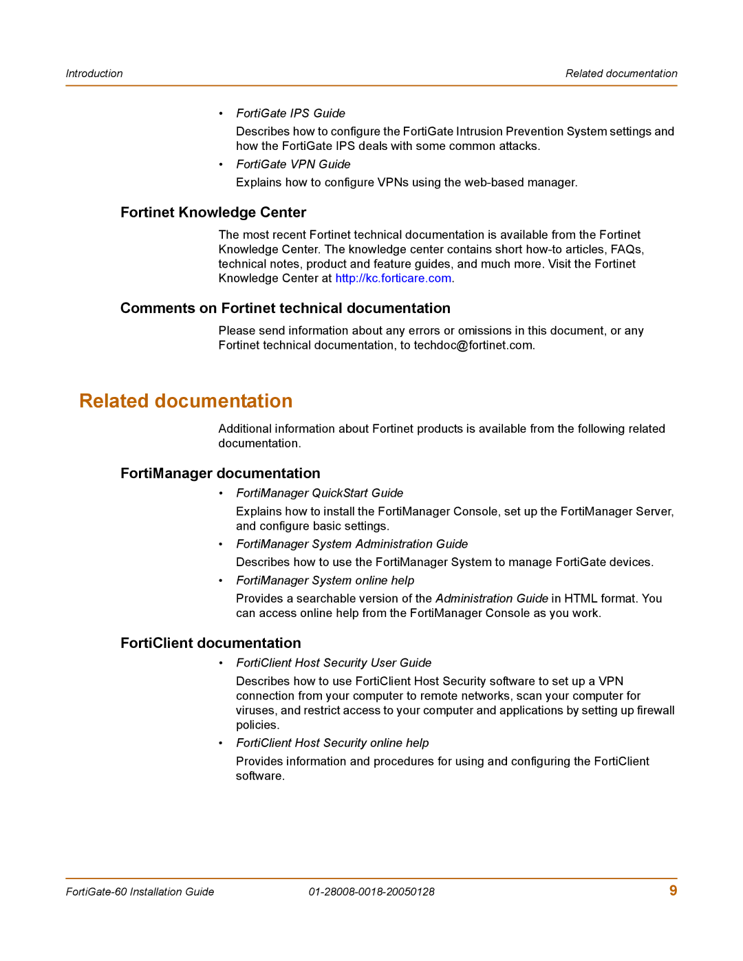 Fortinet 60c manual Related documentation, Fortinet Knowledge Center, Comments on Fortinet technical documentation 