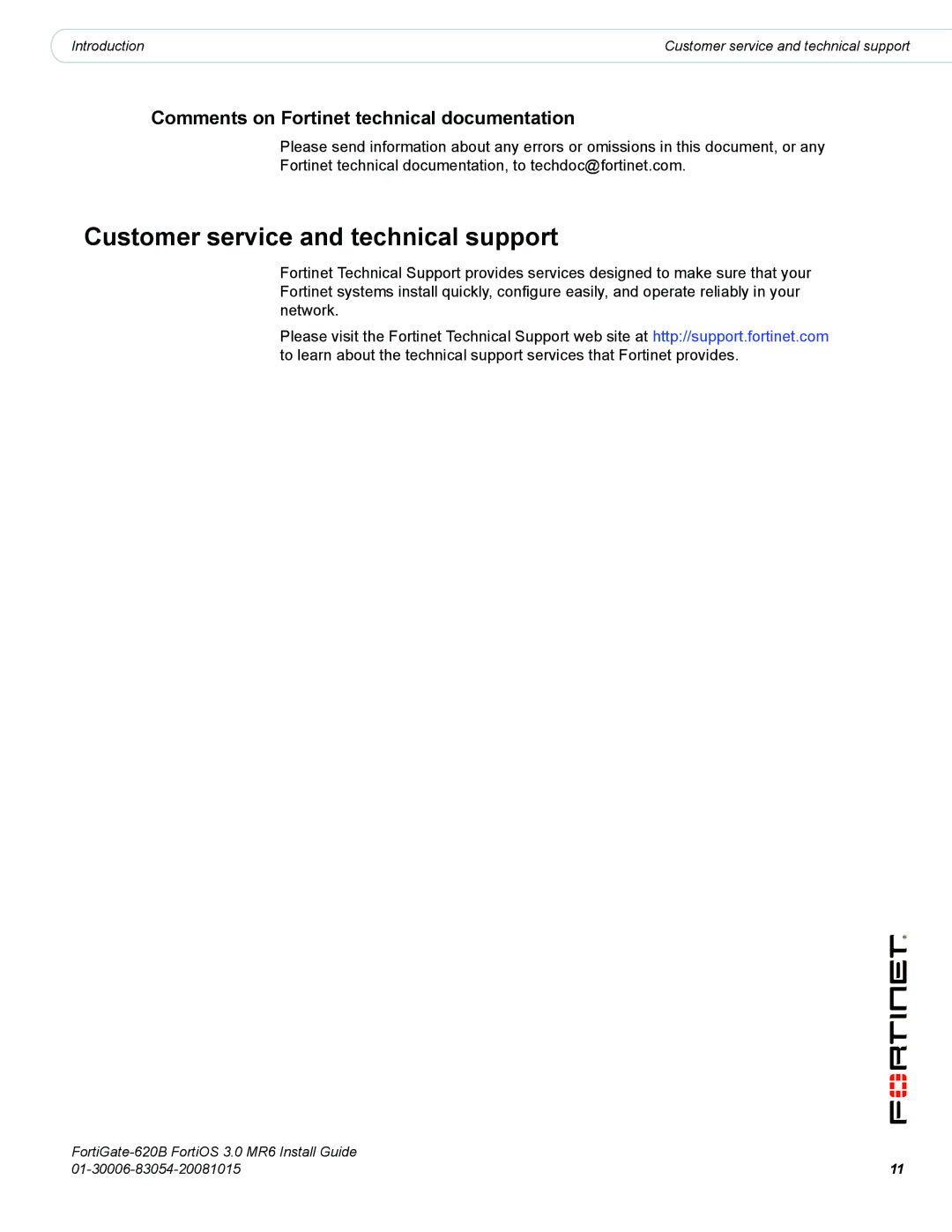Fortinet 620B manual Customer service and technical support, Comments on Fortinet technical documentation 