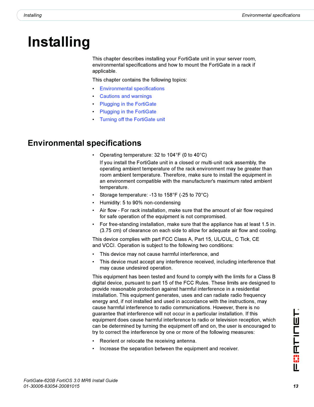 Fortinet 620B manual Installing, Environmental specifications 
