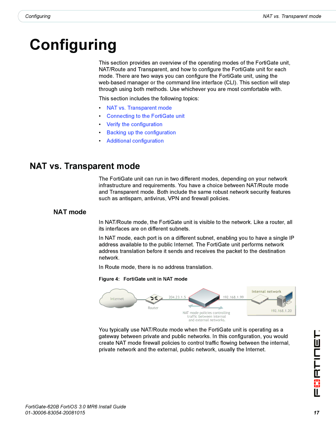 Fortinet 620B manual Configuring, NAT vs. Transparent mode, NAT mode 