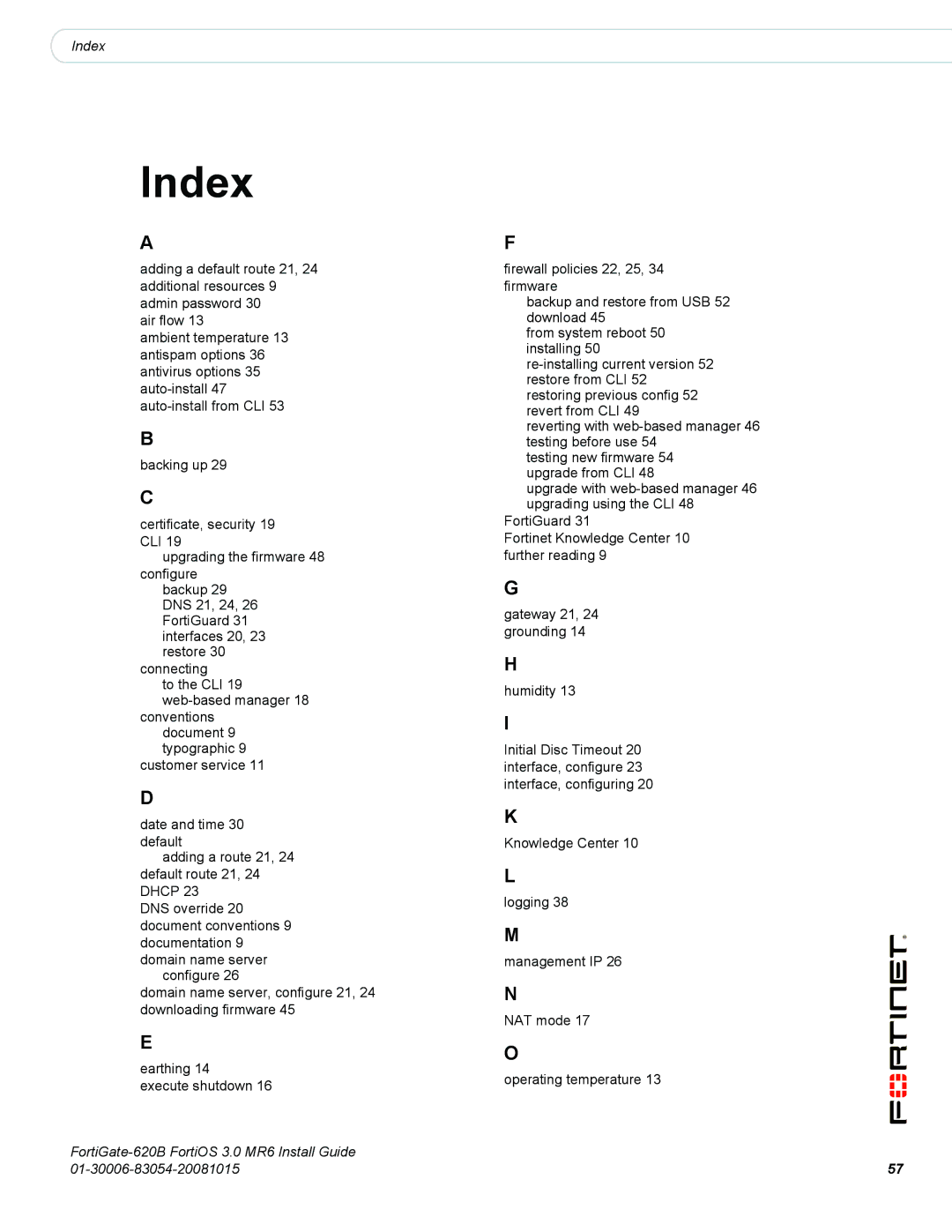 Fortinet 620B manual Index 