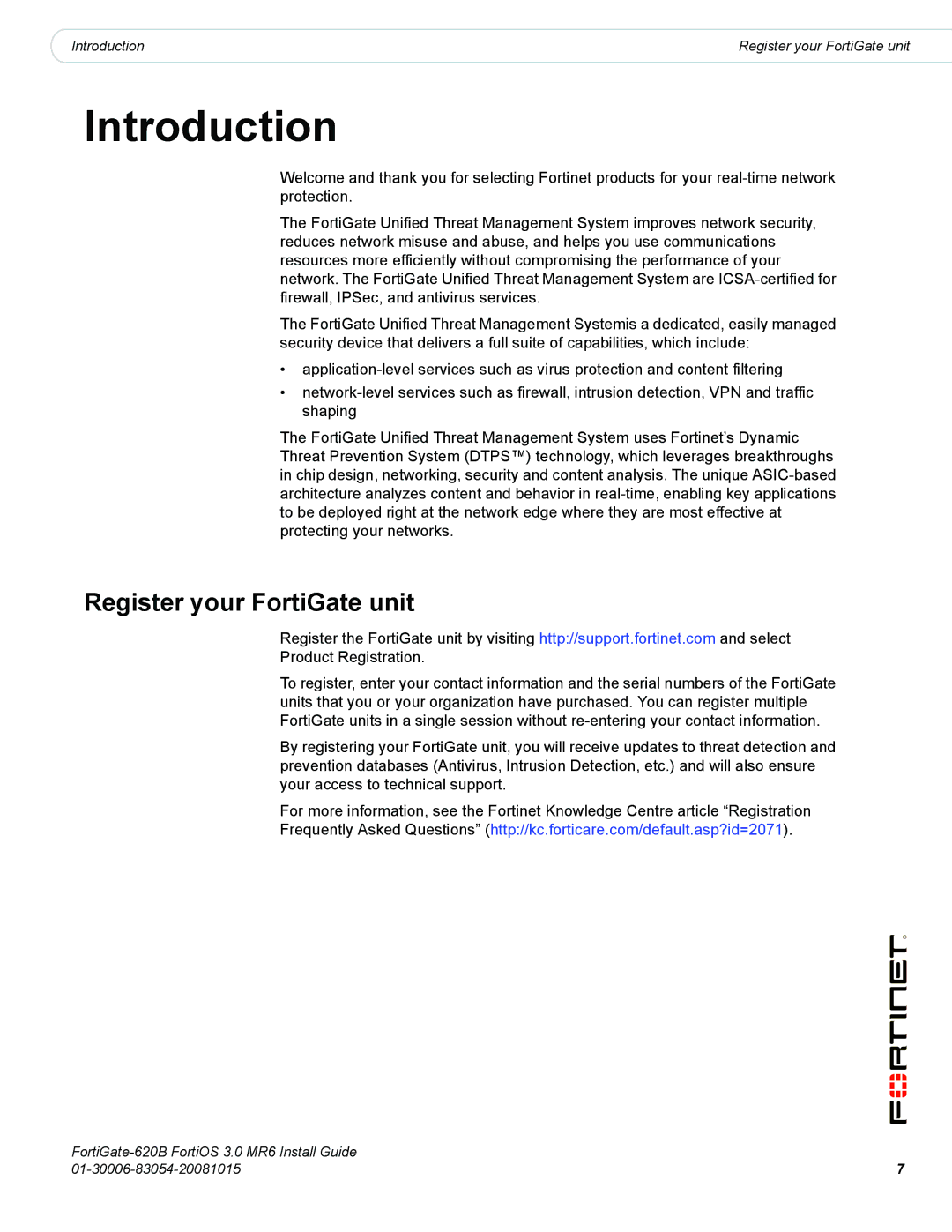 Fortinet 620B manual Introduction, Register your FortiGate unit 