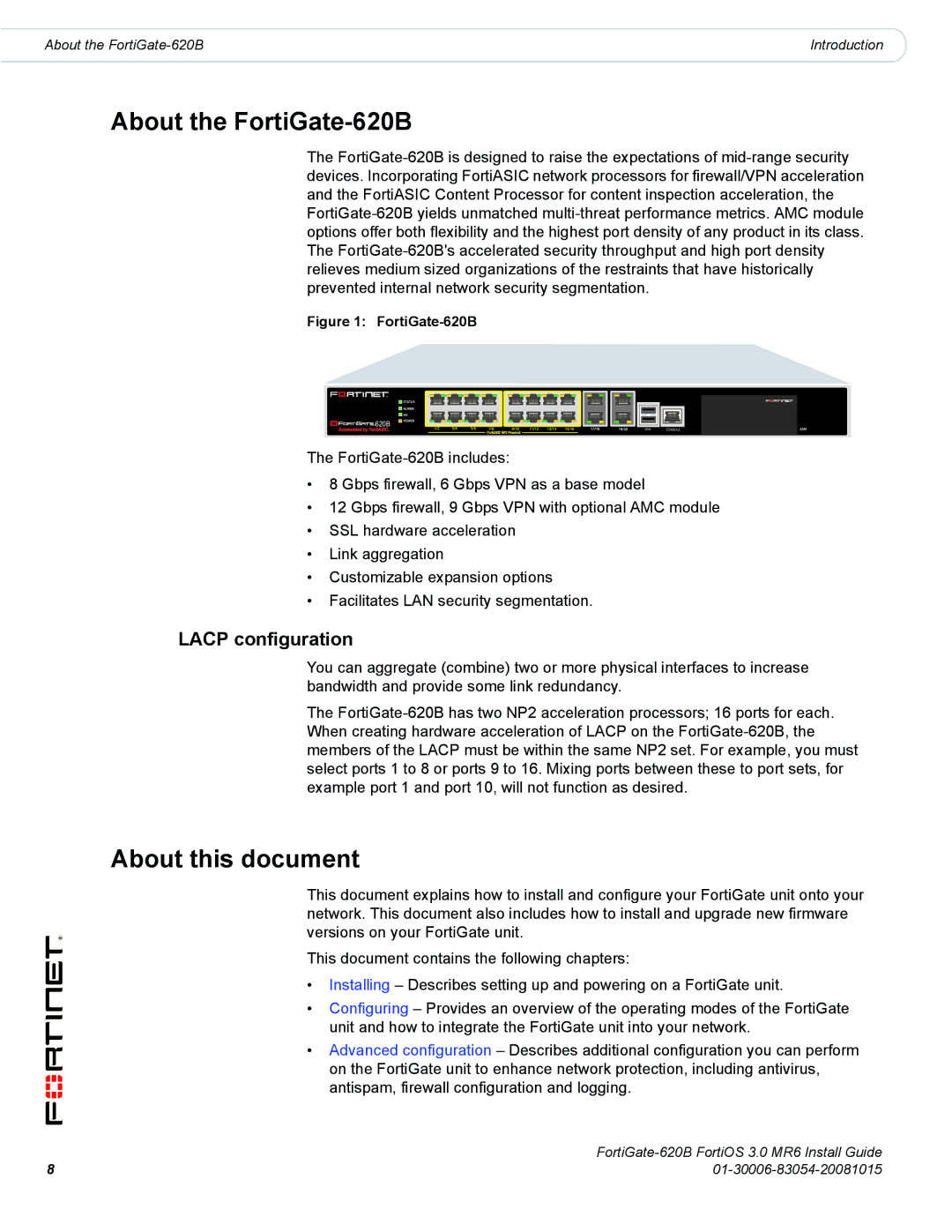 Fortinet manual About the FortiGate-620B, About this document, Lacp configuration 