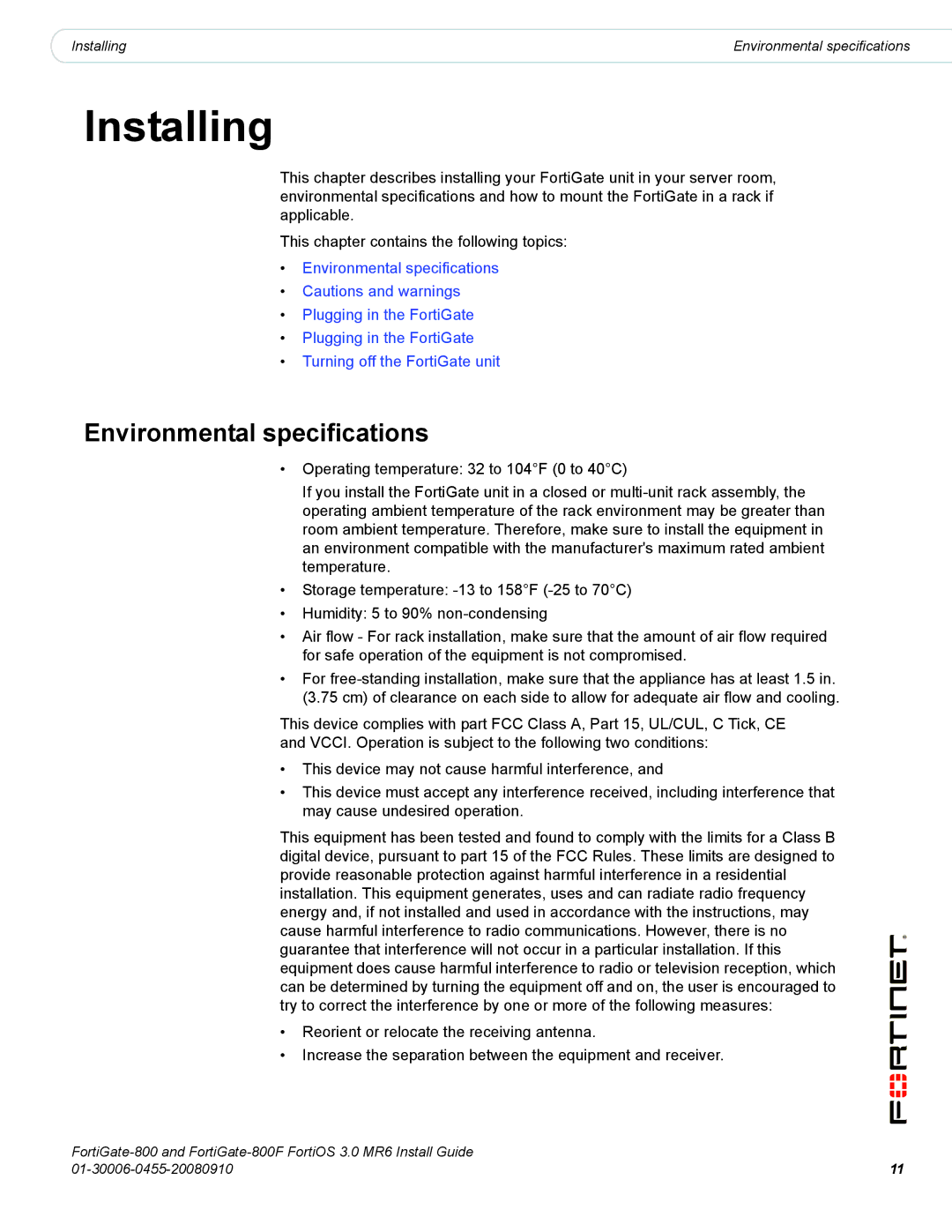 Fortinet 800/800F manual Installing, Environmental specifications 