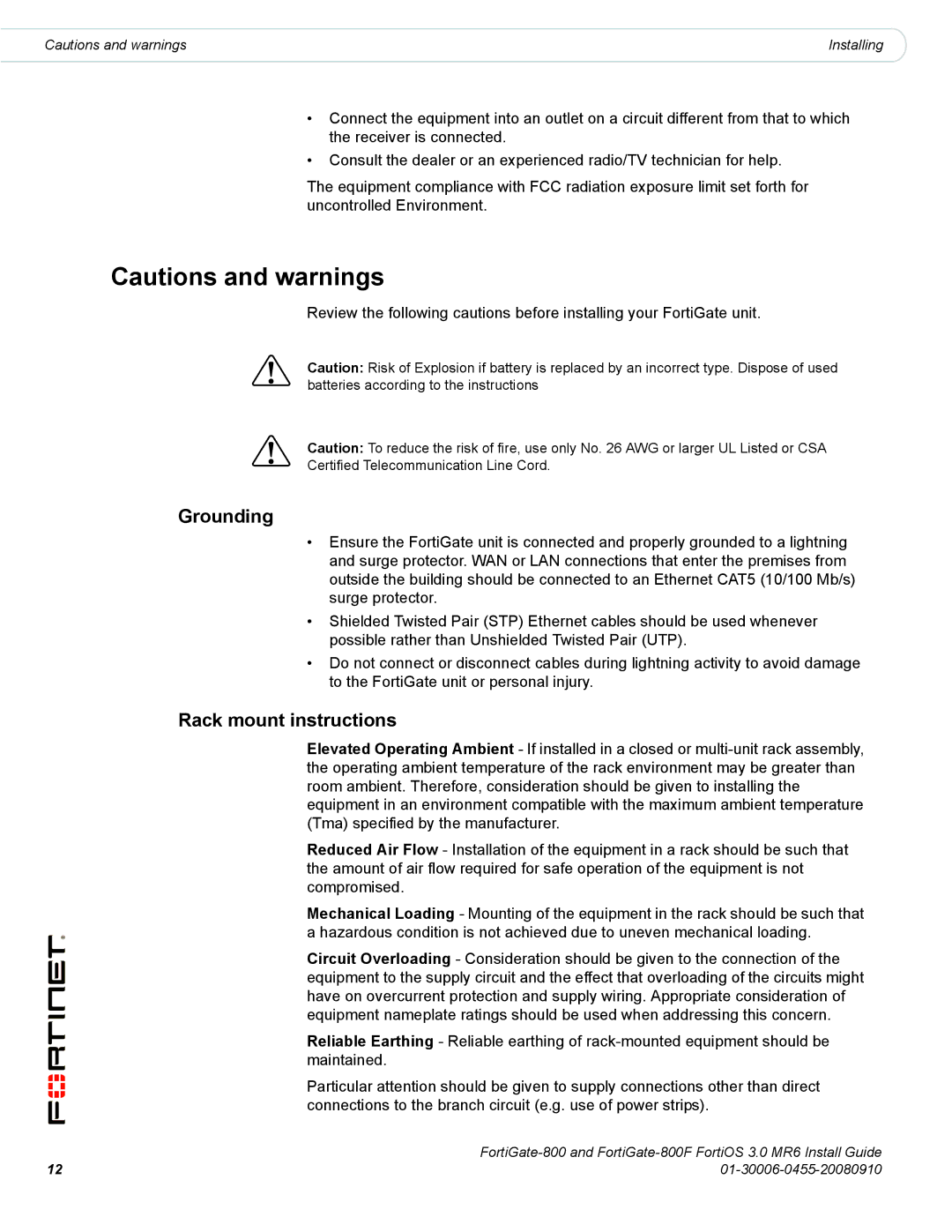 Fortinet 800/800F manual Grounding, Rack mount instructions 