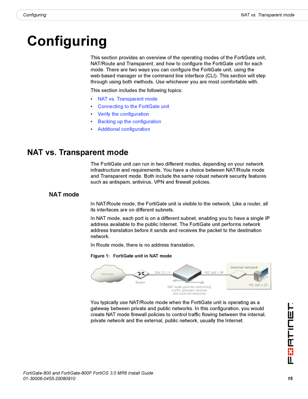 Fortinet 800/800F manual NAT vs. Transparent mode, NAT mode 