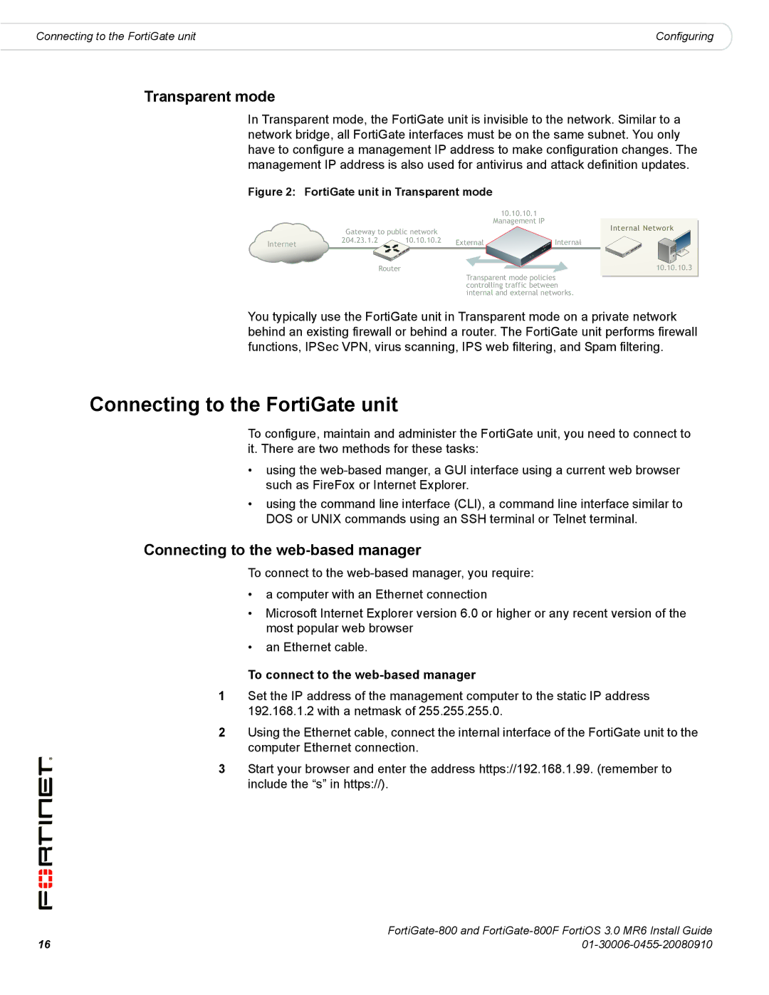 Fortinet 800/800F manual Connecting to the FortiGate unit, Transparent mode, Connecting to the web-based manager 