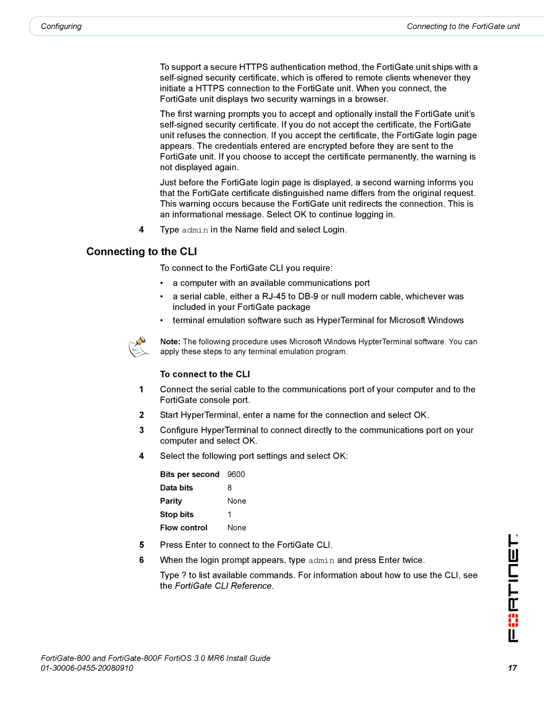 Fortinet 800/800F manual Connecting to the CLI, To connect to the CLI 