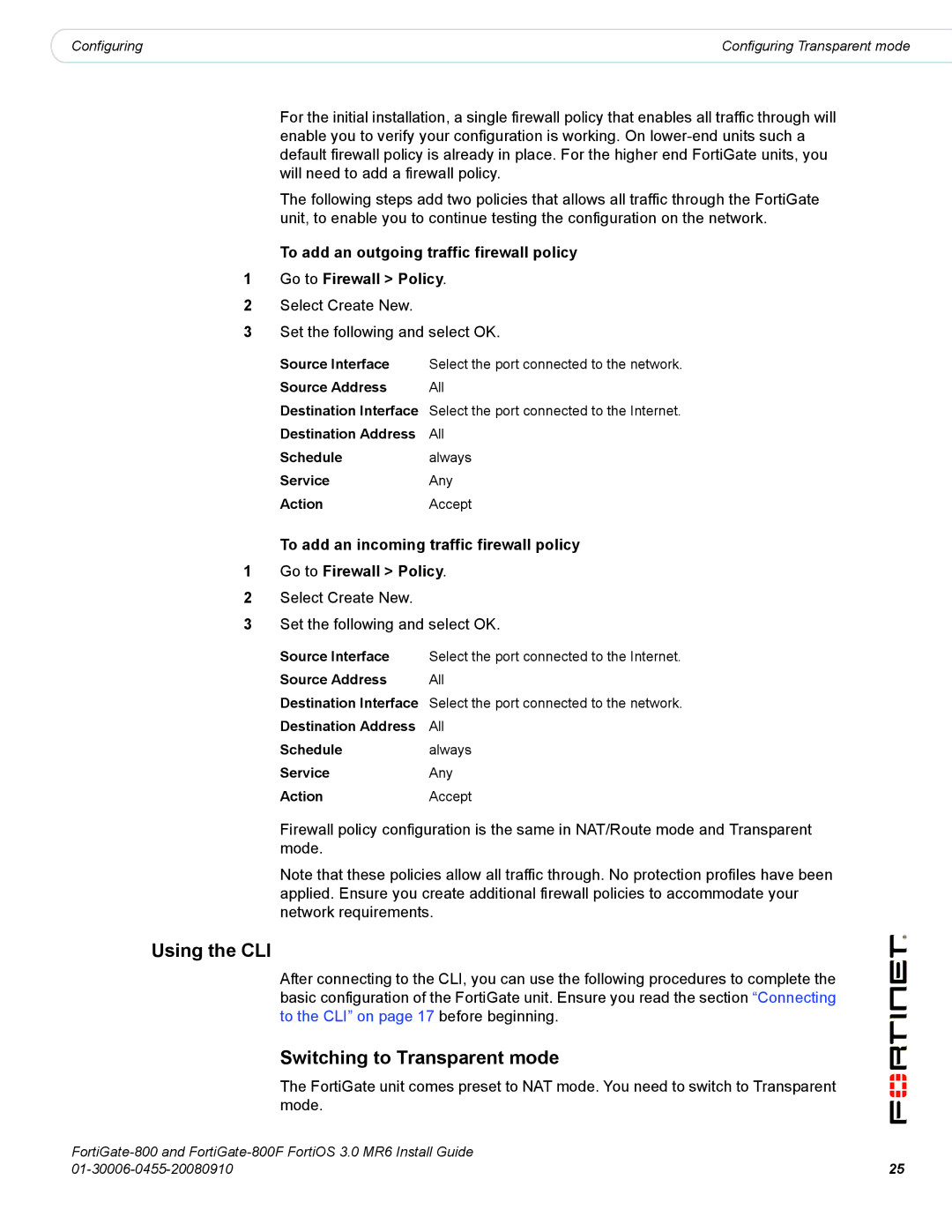 Fortinet 800/800F manual Source Address All Destination Interface 