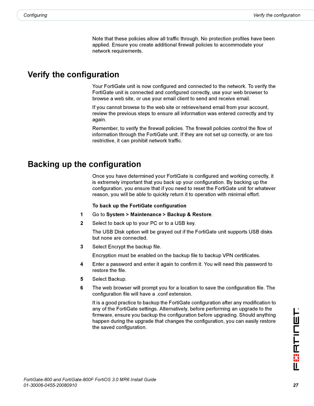 Fortinet 800/800F manual Verify the configuration, Backing up the configuration 