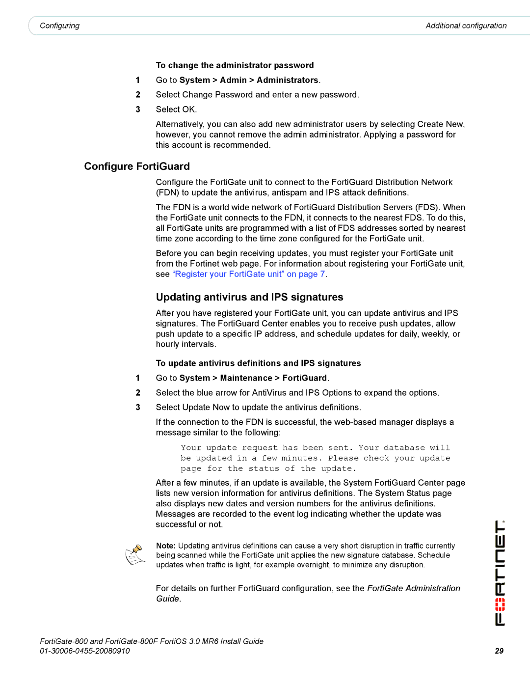 Fortinet 800/800F manual Configure FortiGuard, Updating antivirus and IPS signatures 