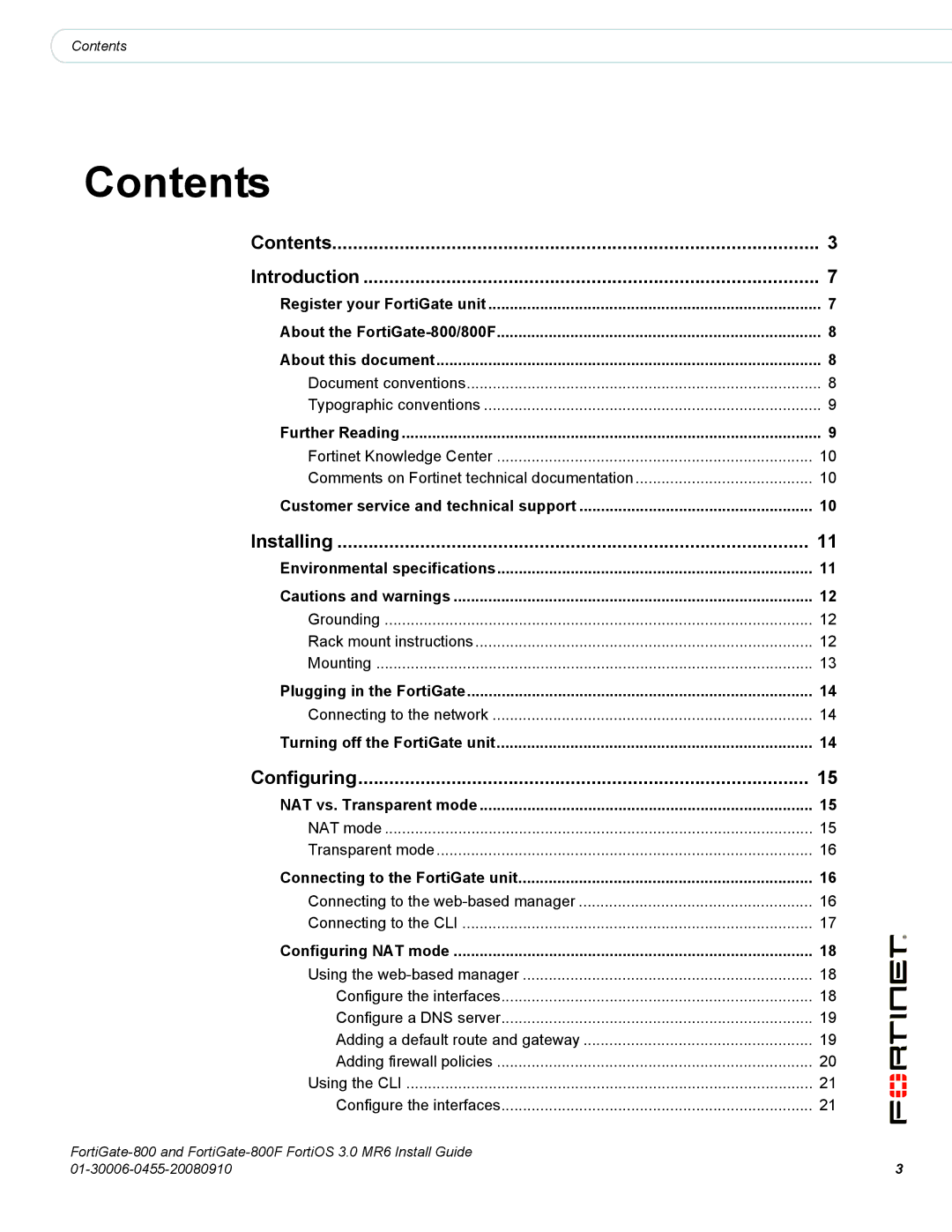 Fortinet 800/800F manual Contents 