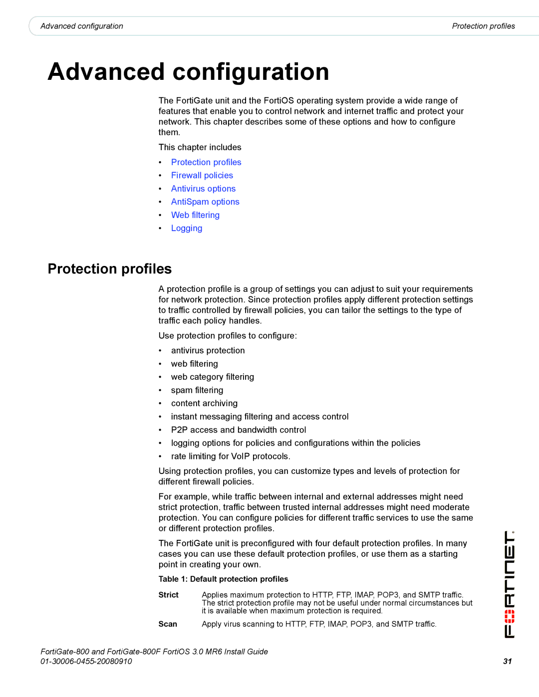 Fortinet 800/800F manual Advanced configuration, Protection profiles 