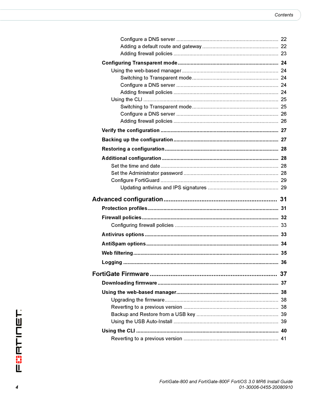 Fortinet 800/800F manual Advanced configuration, FortiGate Firmware 