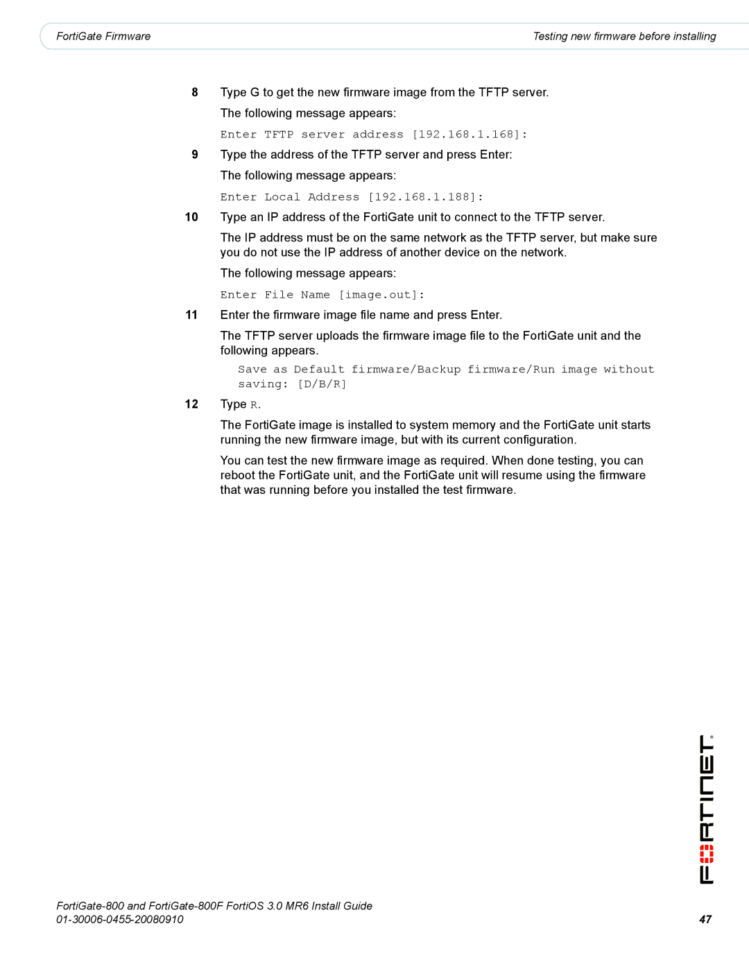 Fortinet 800/800F manual Testing new firmware before installing 