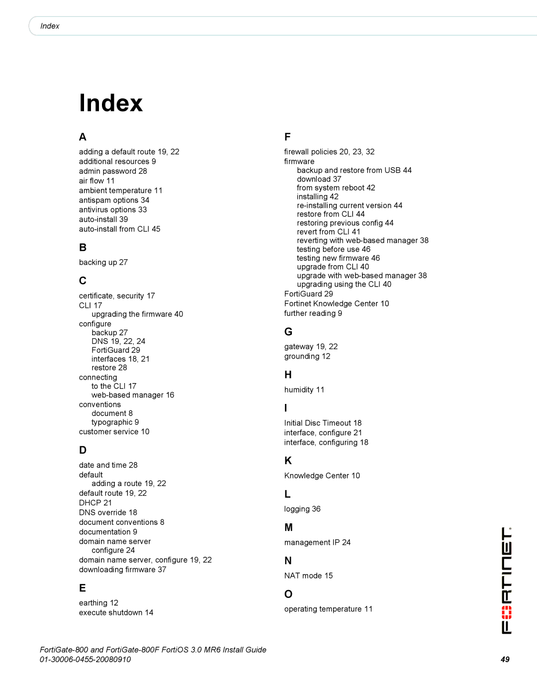 Fortinet 800/800F manual Index 