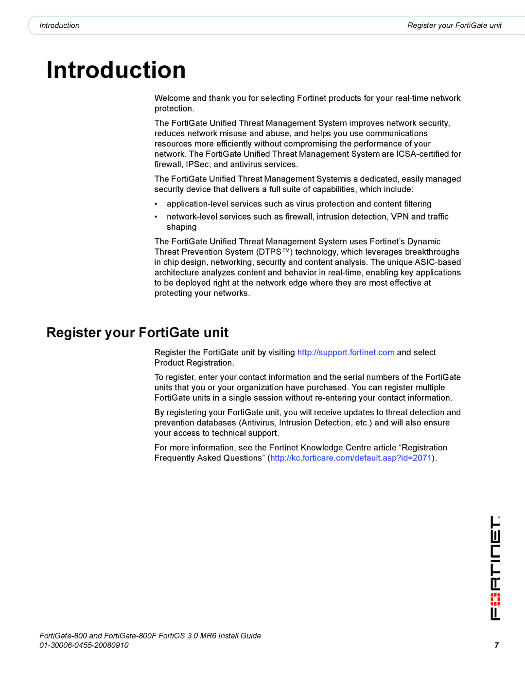 Fortinet 800/800F manual Introduction, Register your FortiGate unit 