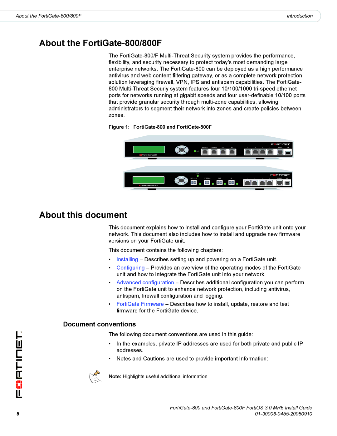 Fortinet manual About the FortiGate-800/800F, About this document, Document conventions 