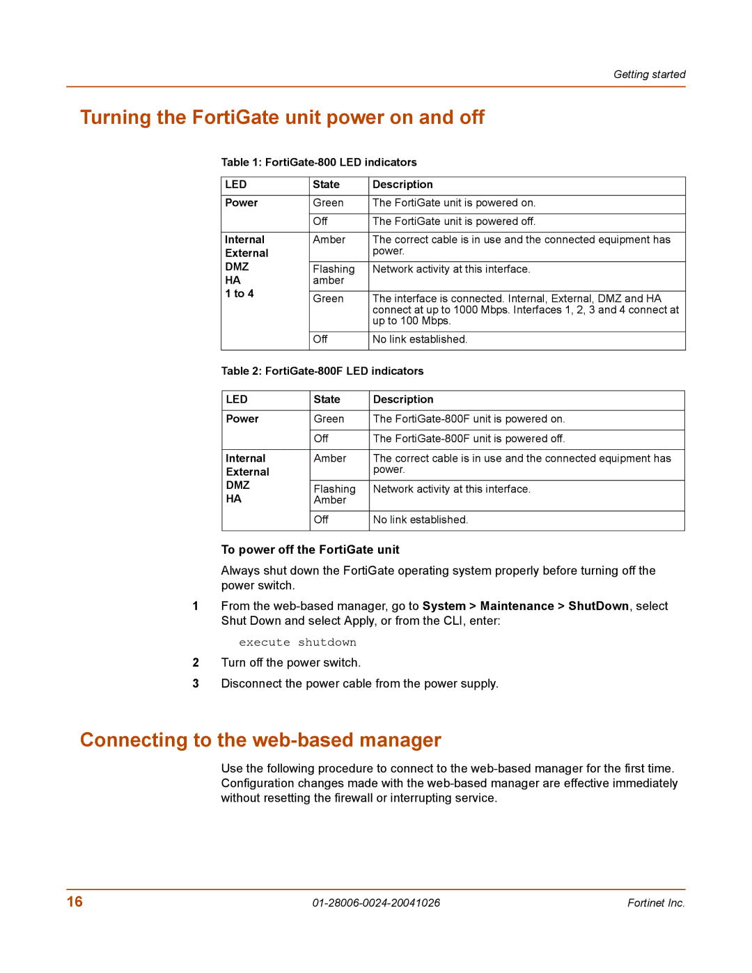 Fortinet 800F manual Turning the FortiGate unit power on and off, Connecting to the web-based manager 