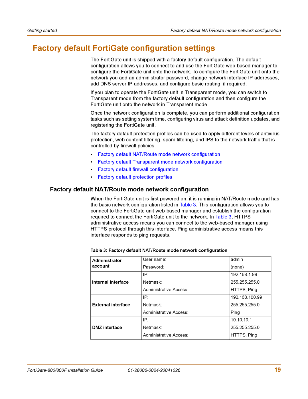 Fortinet 800F Factory default FortiGate configuration settings, Factory default NAT/Route mode network configuration 