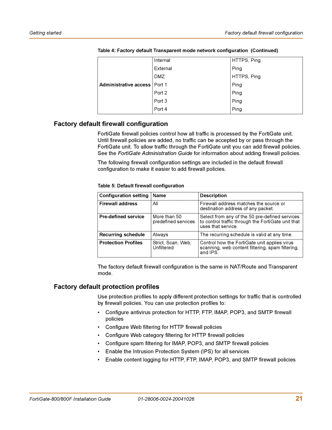 Fortinet 800F manual Factory default firewall configuration, Factory default protection profiles 