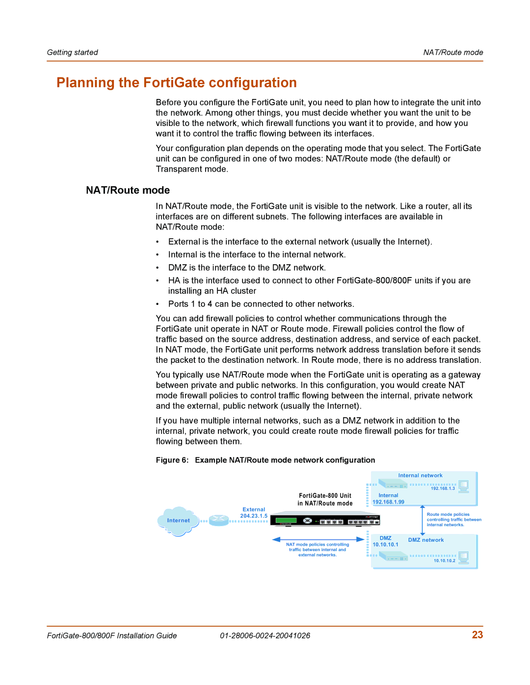 Fortinet 800F manual Planning the FortiGate configuration, NAT/Route mode 