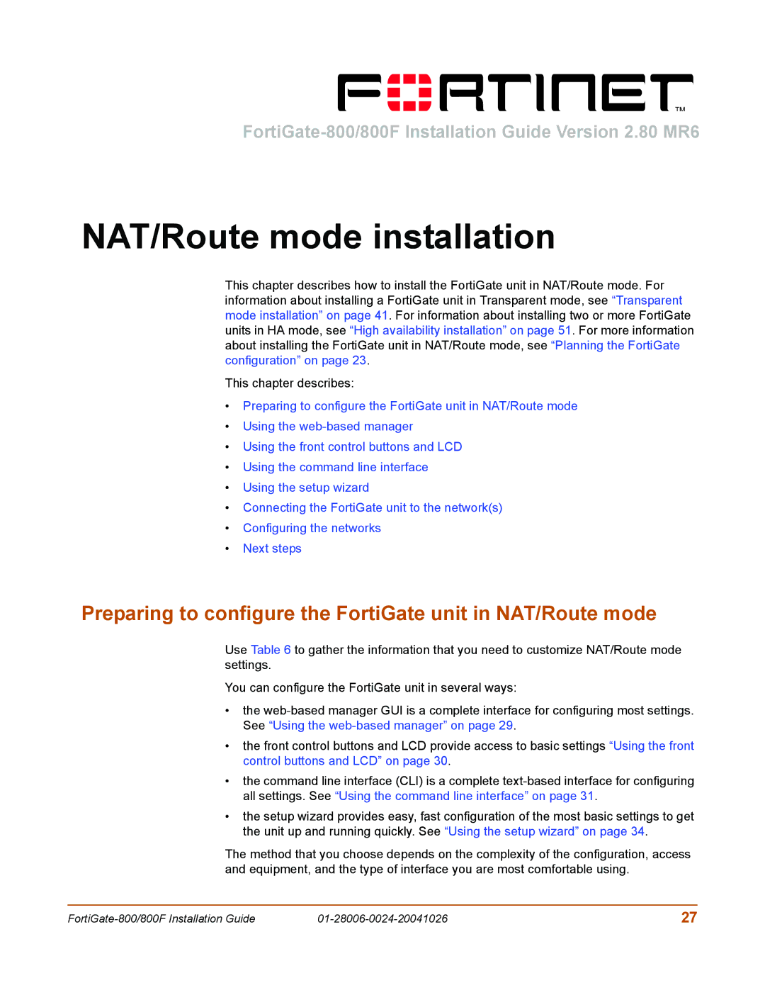 Fortinet 800F manual NAT/Route mode installation, Preparing to configure the FortiGate unit in NAT/Route mode 