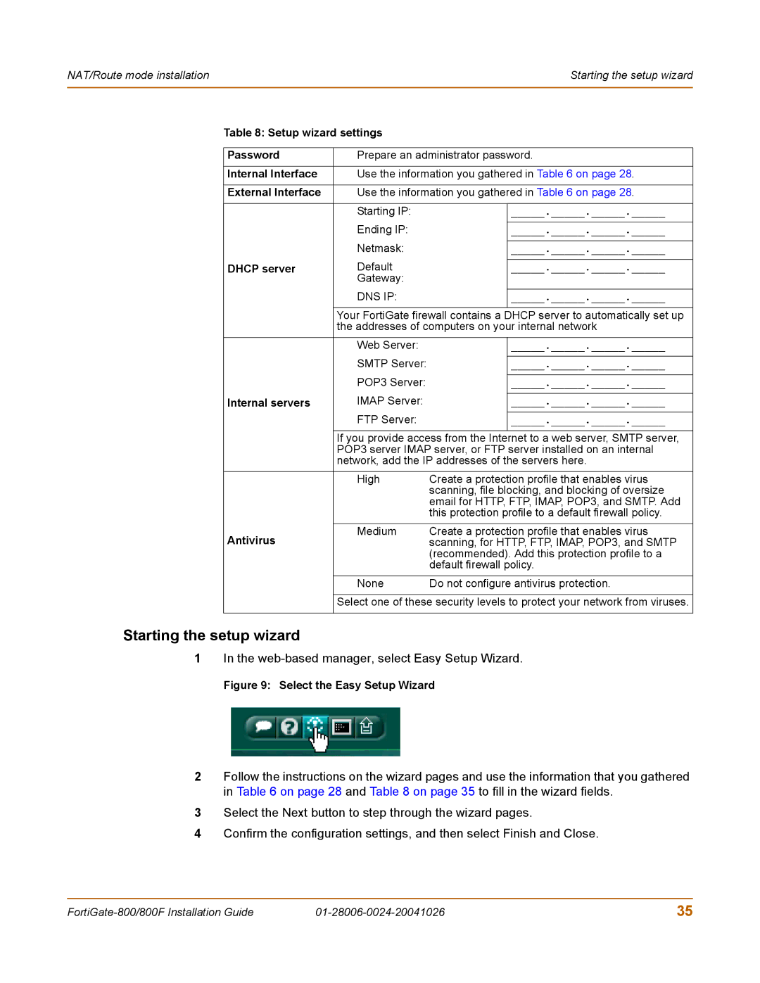 Fortinet 800F manual Starting the setup wizard, Dhcp server 