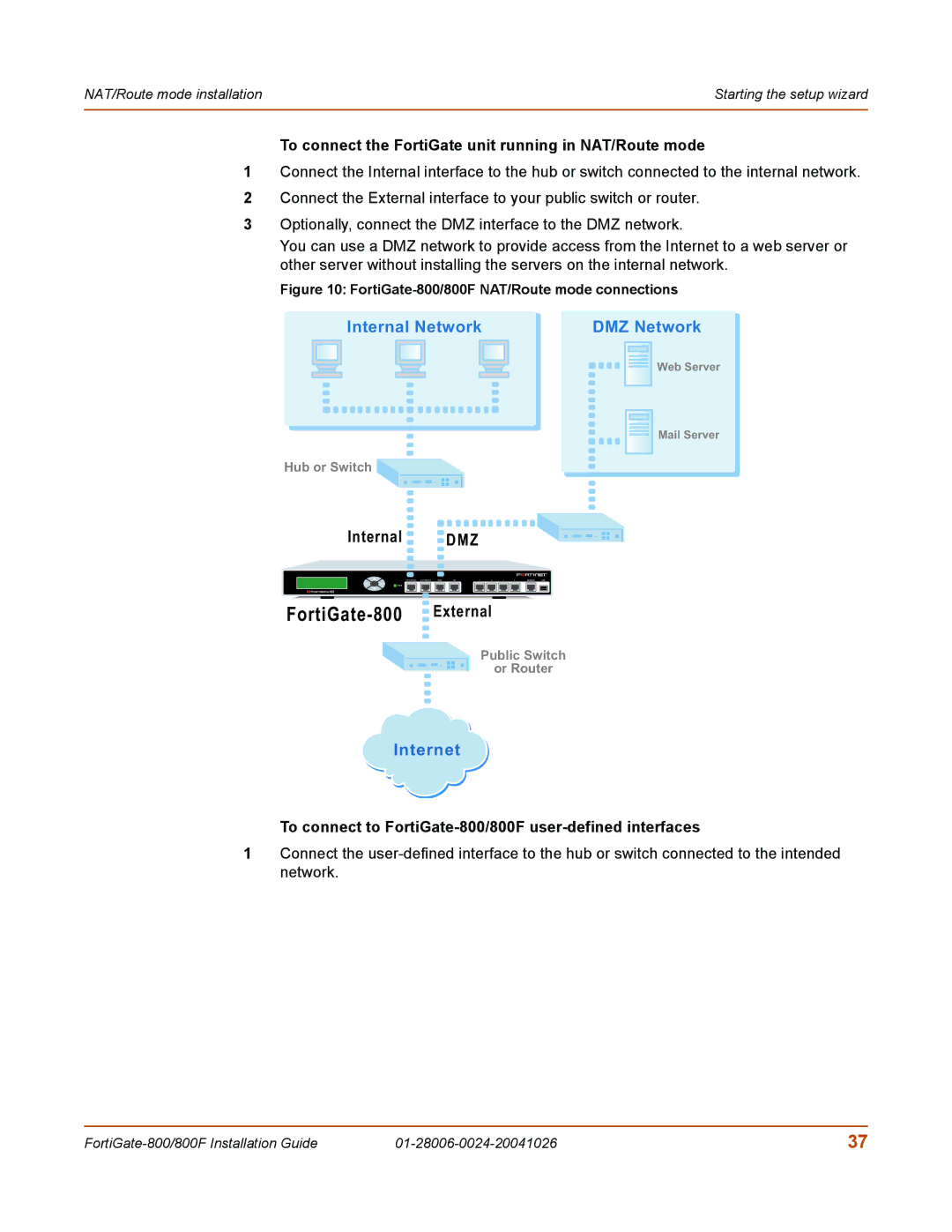 Fortinet 800F manual To connect the FortiGate unit running in NAT/Route mode 