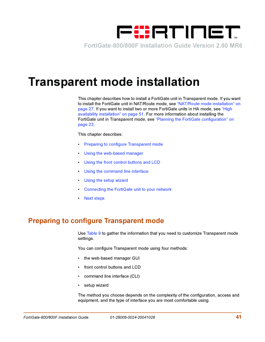 Fortinet 800F manual Transparent mode installation, Preparing to configure Transparent mode 