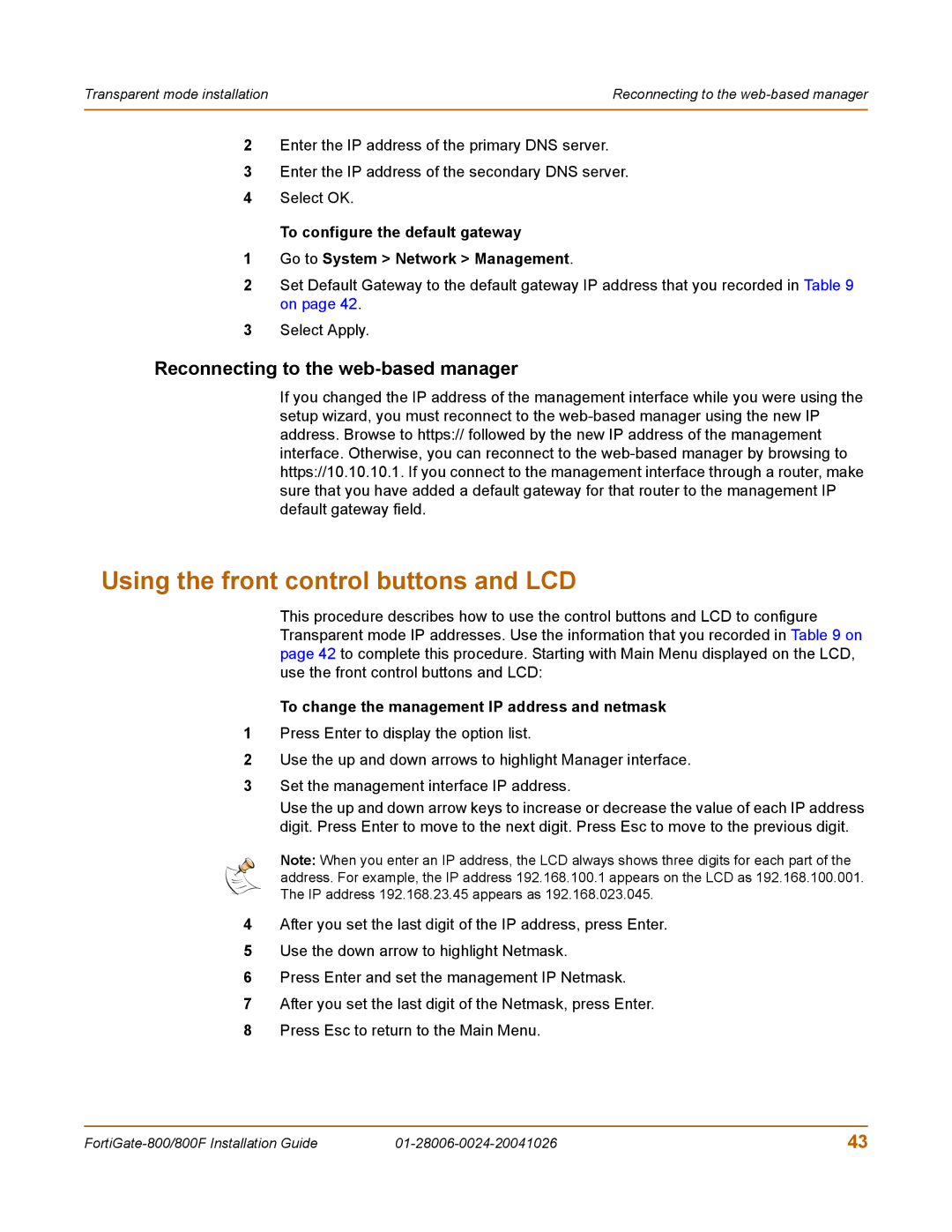 Fortinet 800F manual Reconnecting to the web-based manager, To change the management IP address and netmask 