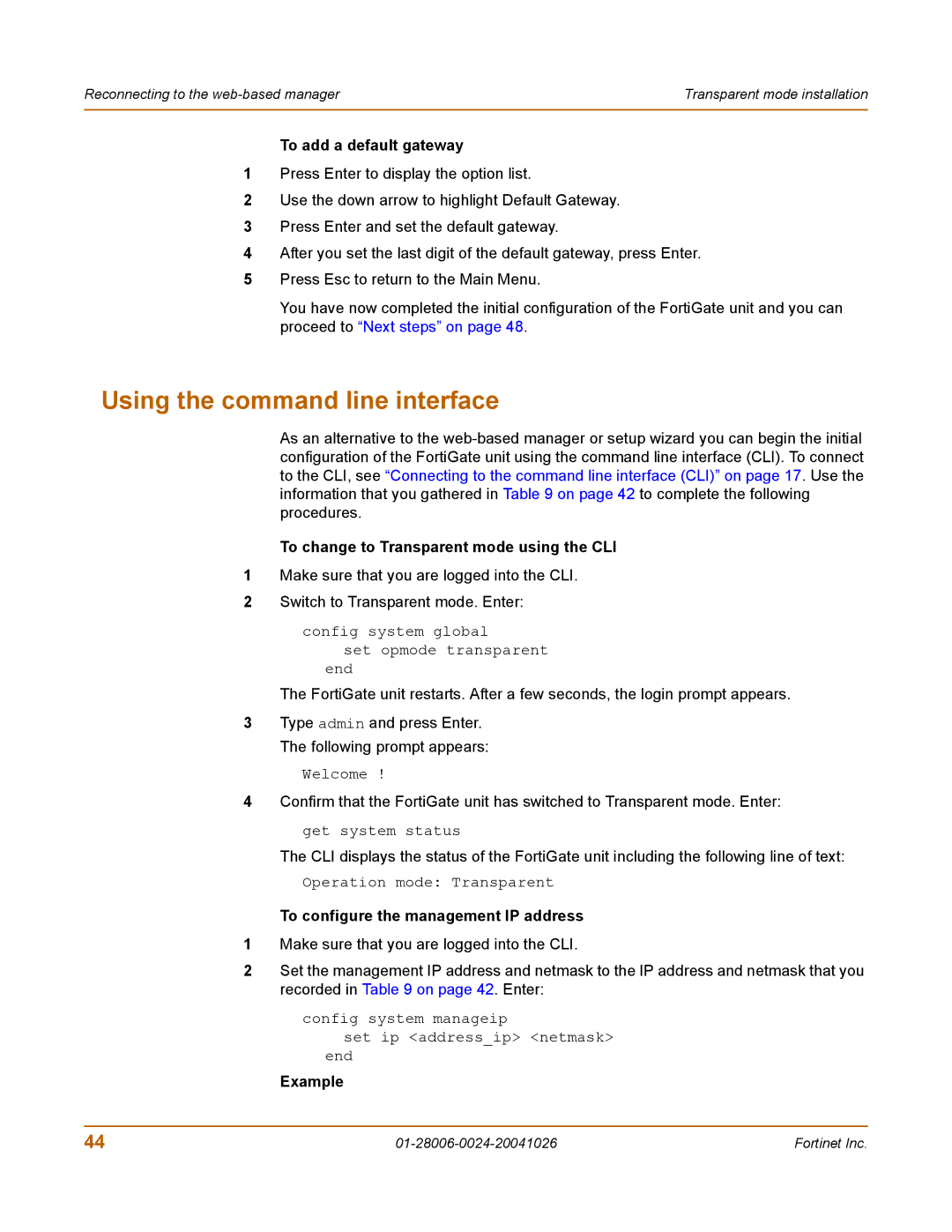 Fortinet 800F manual To add a default gateway, To change to Transparent mode using the CLI 