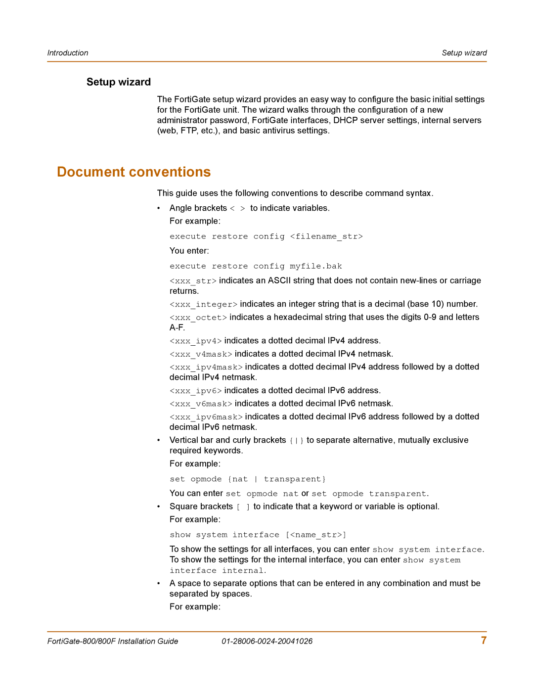 Fortinet 800F manual Document conventions, Setup wizard 