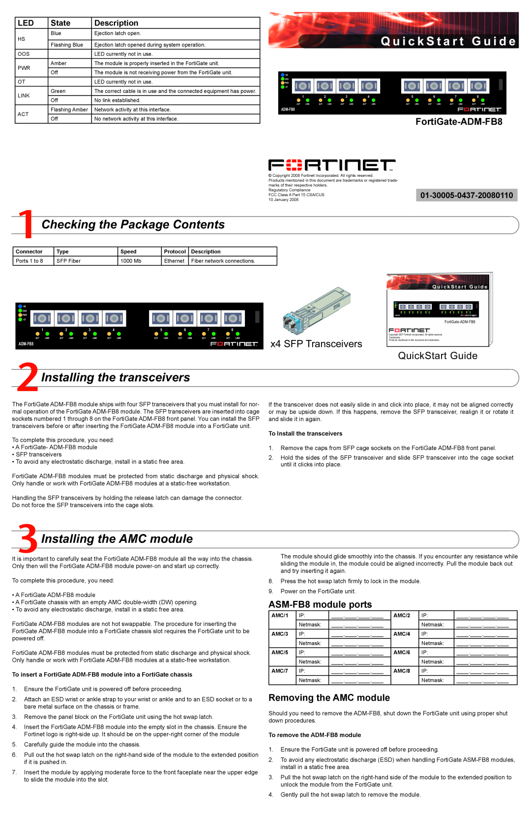 Fortinet ADM-FB8 quick start Checking the Package Contents, Installing the transceivers, Installing the AMC module, State 