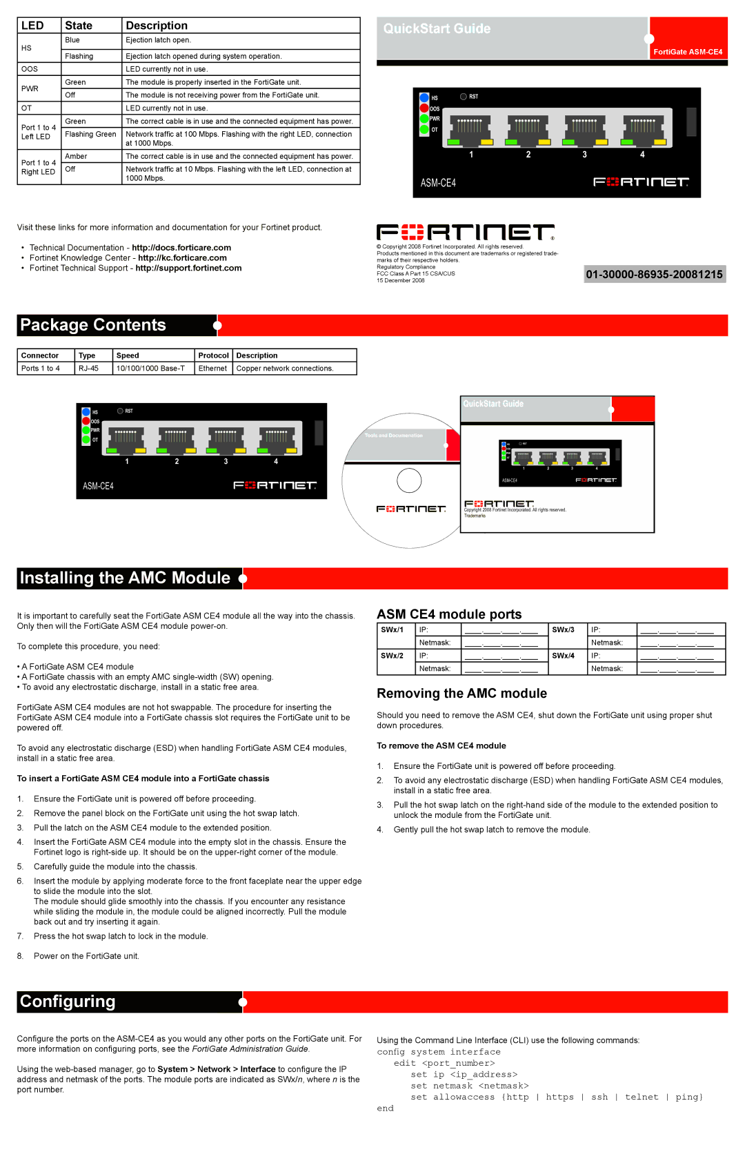 Fortinet ASM-CE4 quick start Package Contents, Installing the AMC Module, Configuring 